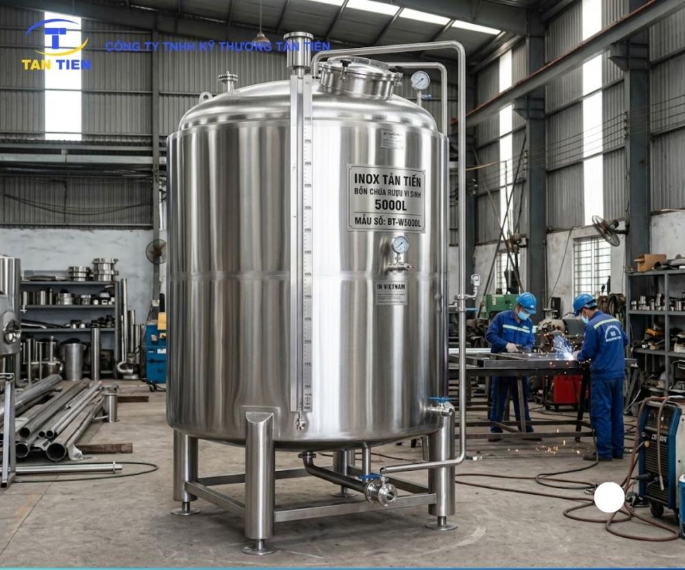 Cận cảnh đường hàn vi sinh và hệ thống van kết nối trên thân bồn chứa rượu 5000L