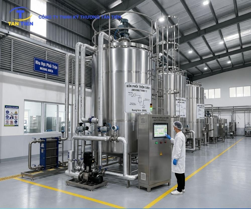 Tổng quan hệ thống bồn phối trộn siro inox vi sinh vận hành trong nhà máy sản xuất thực phẩm