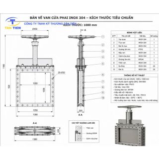 Bản vẽ van cửa phai inox 304 kích thước 1000x1000 tiêu chuẩn