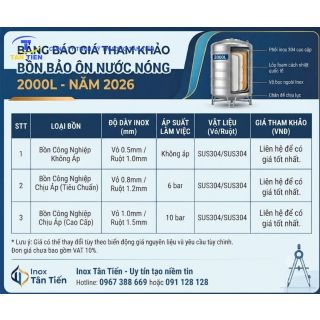 Báo giá bồn chứa nước nóng bảo ôn inox 304 dung tích 2000L công nghiệp