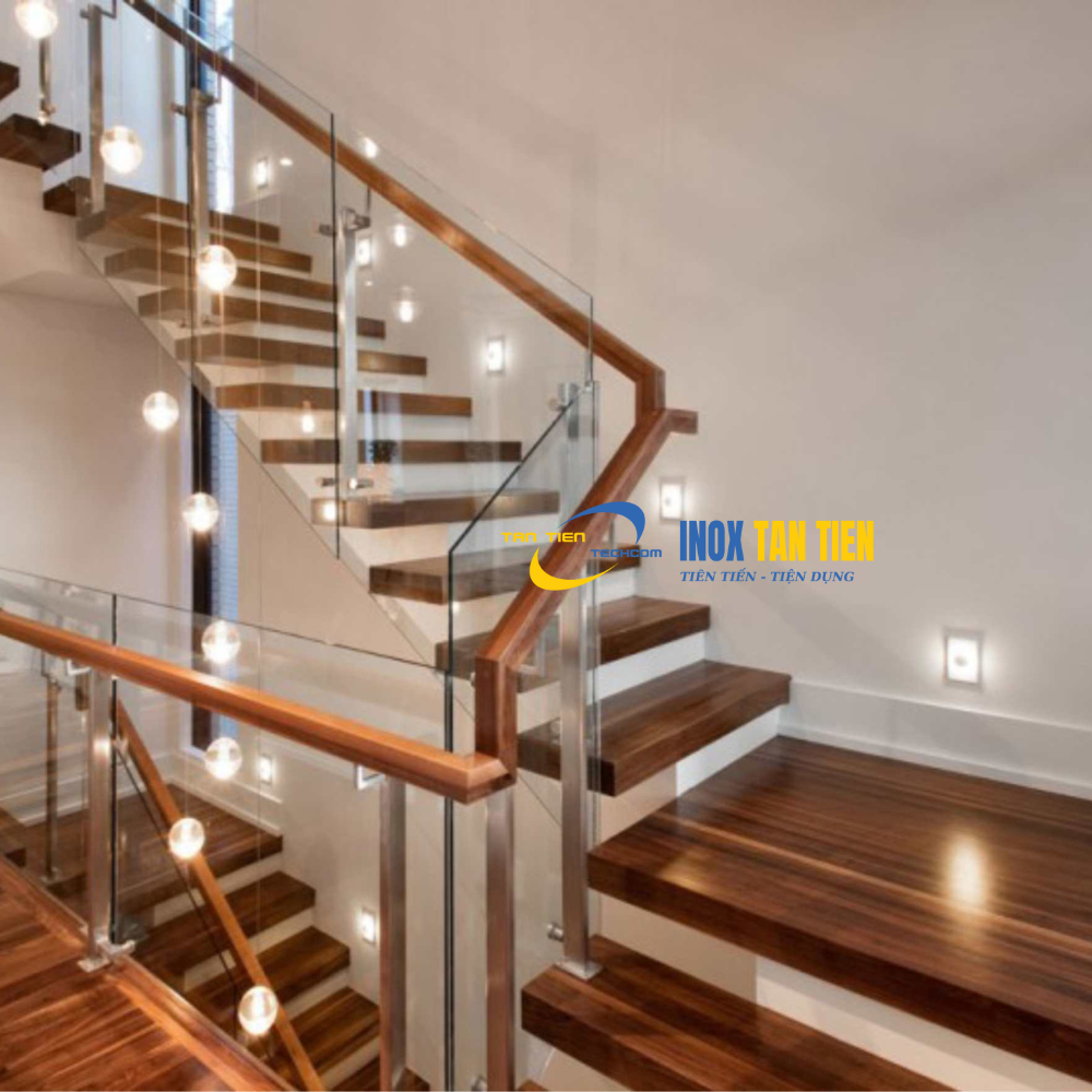 cầu thang inox tay vịn gỗ