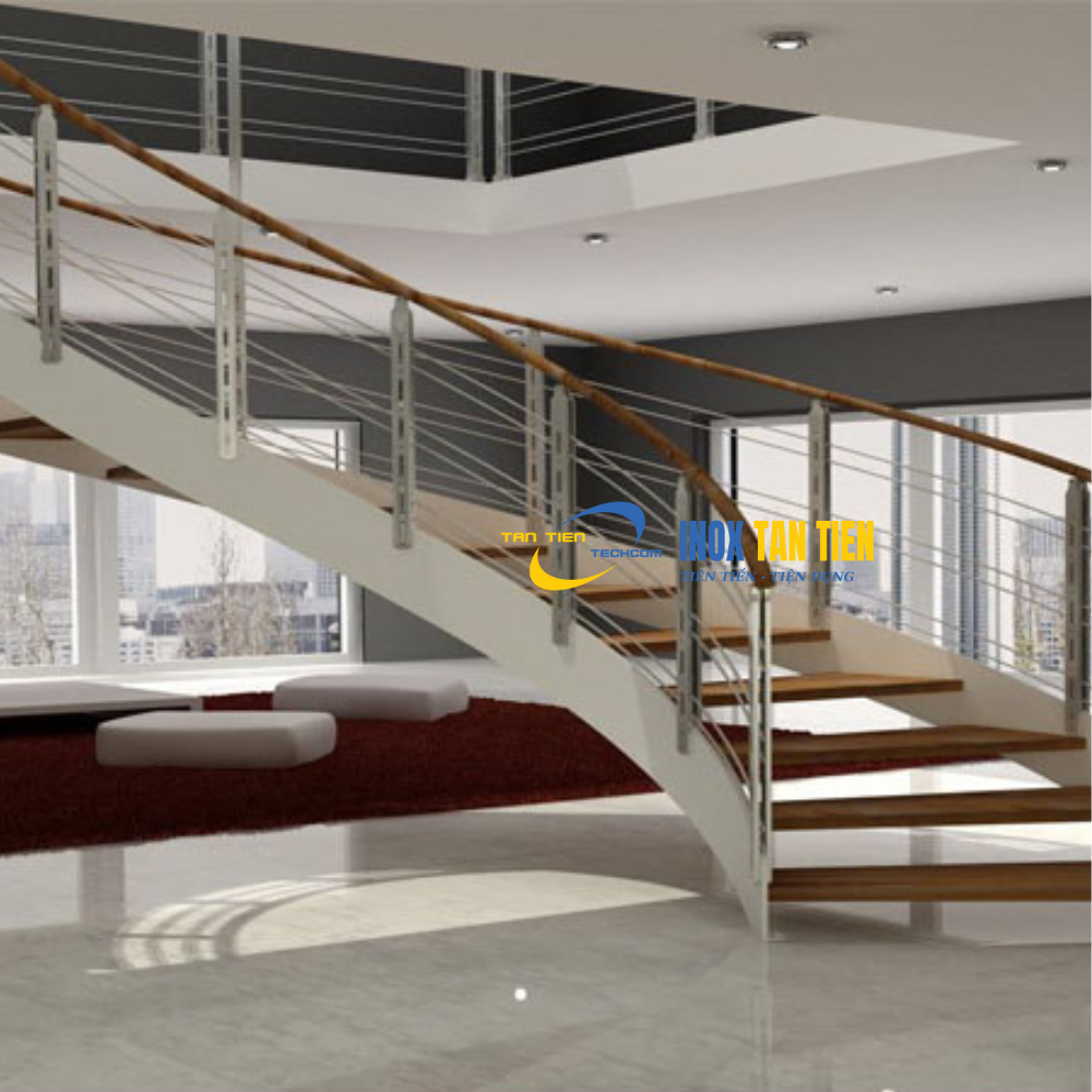 cầu thang inox tay vịn gỗ